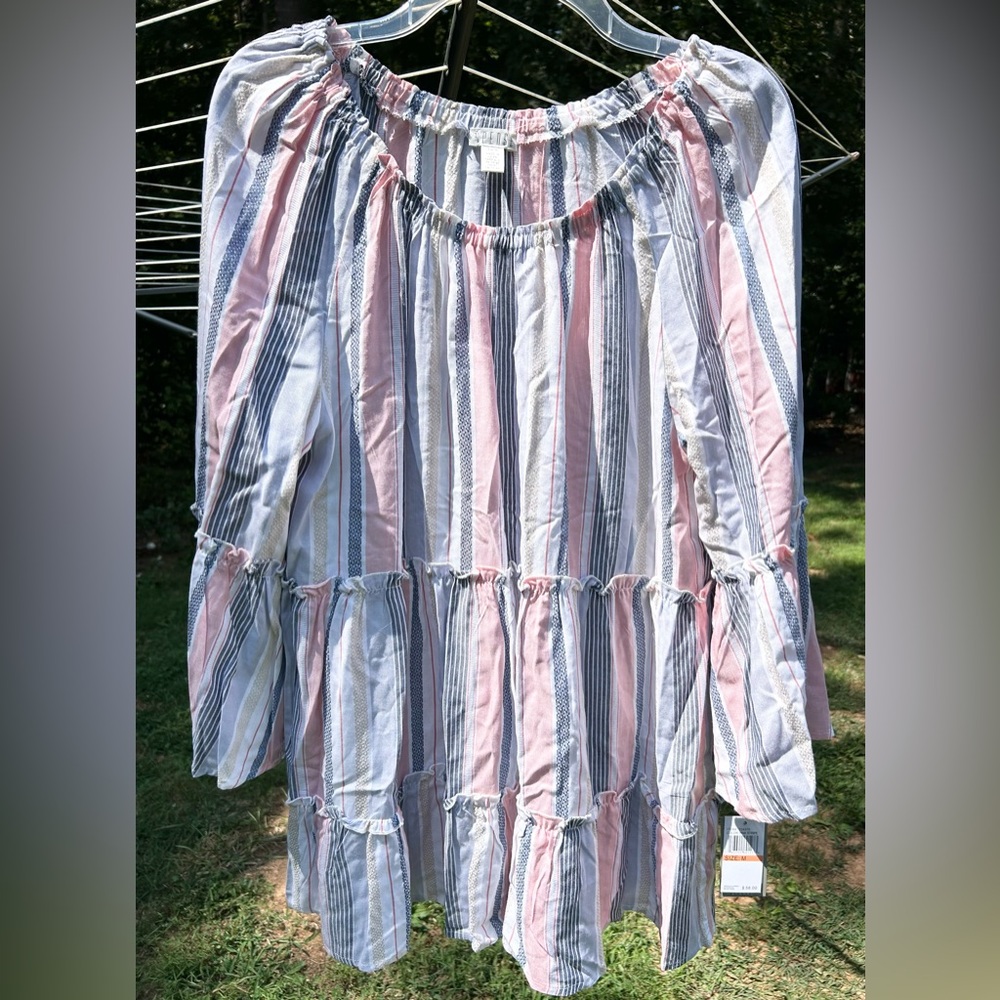 SPENSE Top Women’s M Tiered Ruffled Pink Stripe 3/4 Sleeves Boho Hippie‎ NEW